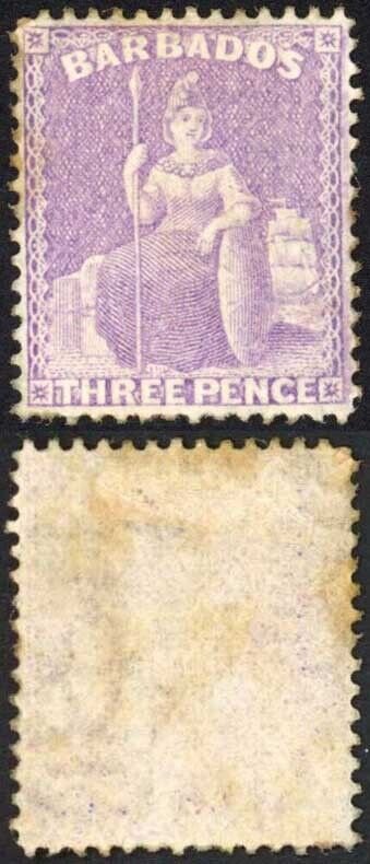 Barbados SG75 3d Mauve-lilac Wmk CC Perf 14 M/M toned Cat 170 pounds