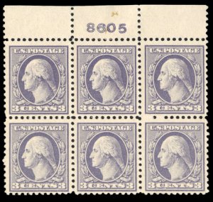 United States, 1910-30 #529 Cat$75, 1918 3c violet, plate block of six, hinge...