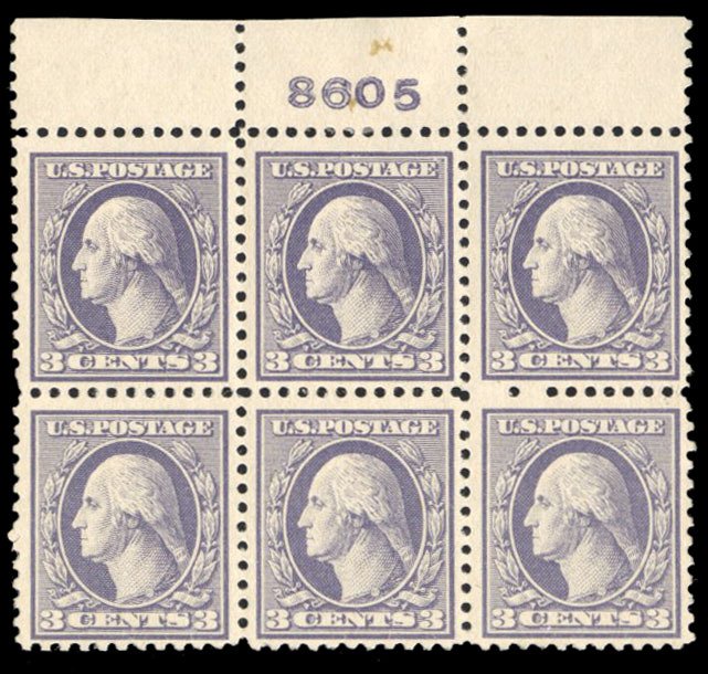 United States, 1910-30 #529 Cat$75, 1918 3c violet, plate block of six, hinge...