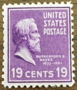 1938 President Rutherford B. Hayes Plate Single 19c Stamp, Sc# 824, MNH, OG