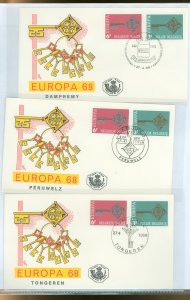 Belgium 705-706 1968 europa, set of two on three unaddressed, cacheted FDCs, each with a different city cancel: damremy, peruwel