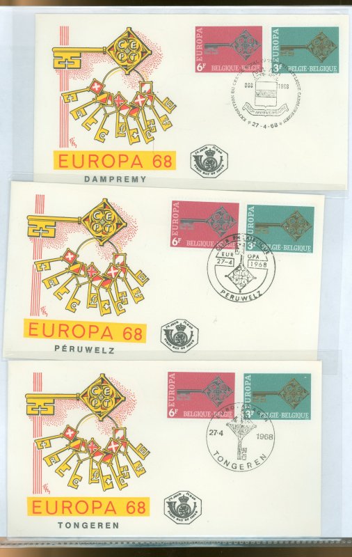 Belgium 705-706 1968 europa, set of two on three unaddressed, cacheted FDCs, each with a different city cancel: damremy, peruwel