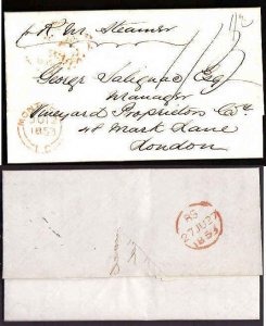 Canada-cover #9958-Stampless-to London England dated Quebec 11th June 1853