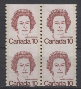 Canada #605iii 10c Dark Carmine QE2 Caricature Coil Unservered Block F-70 NH