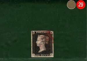 GB PENNY BLACK QV Stamp 1d Plate 8 (SJ) Red MX (1840) Used G-FU Cat £525 GRED29