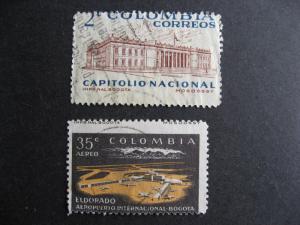 Colombia 2 used stamps each with a print shift error, mixed condition, see pics 