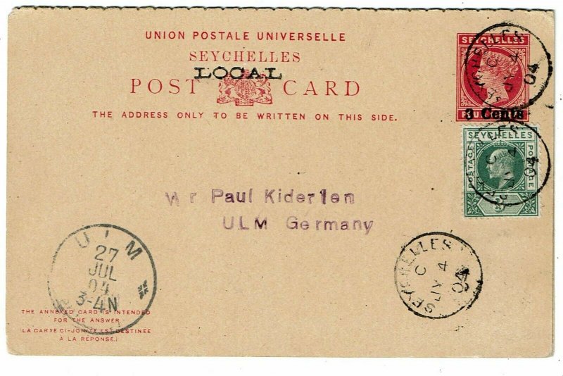 Seychelles 1904 cancel on local postal reply card to Germany