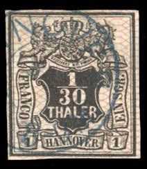 German States, Hanover #12 Cat$32.50, 1856 1/30th blach and rose, used