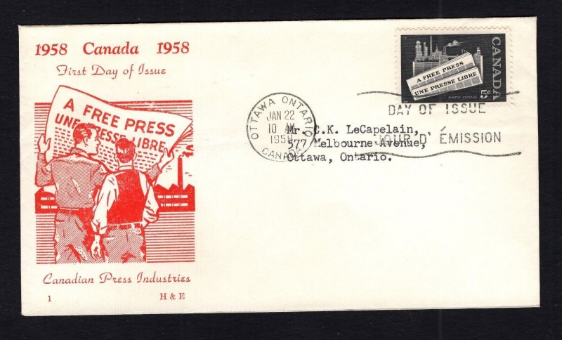 Canada #375 (1958 Newspaper Industry issue) addressed H&E-B cachet  FDC
