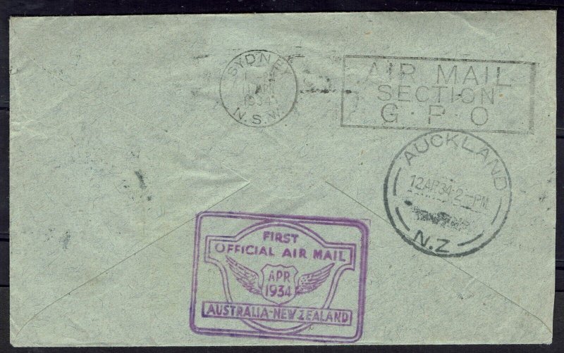 AUSTRALIA NEW ZEALAND 1934 KGV FIRST OFFICIAL AIRMAIL COVER