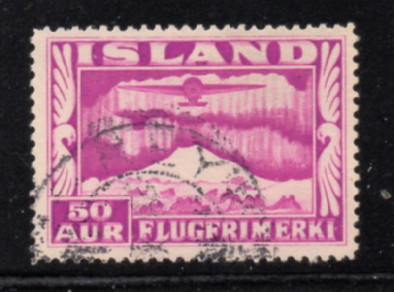 Iceland Sc C18 1934 50 aur plane & Northern Lights airmail stamp used