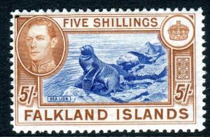 FALKLAND ISLANDS-1938-50 5/- Blue & Chestnut  lightly mounted mint  Sg 161