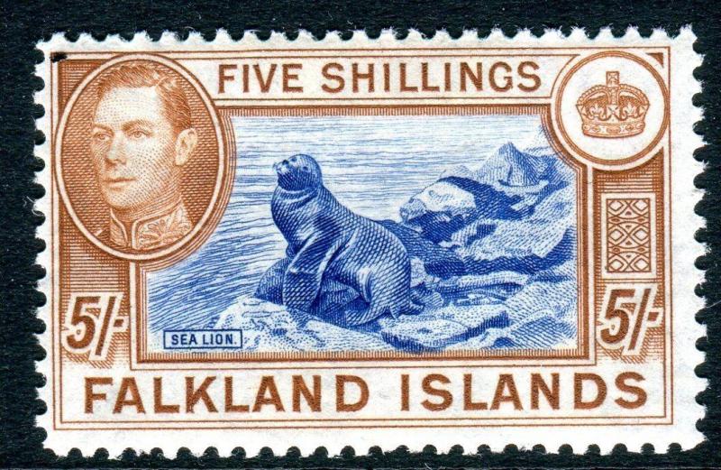 FALKLAND ISLANDS-1938-50 5/- Blue & Chestnut  lightly mounted mint  Sg 161