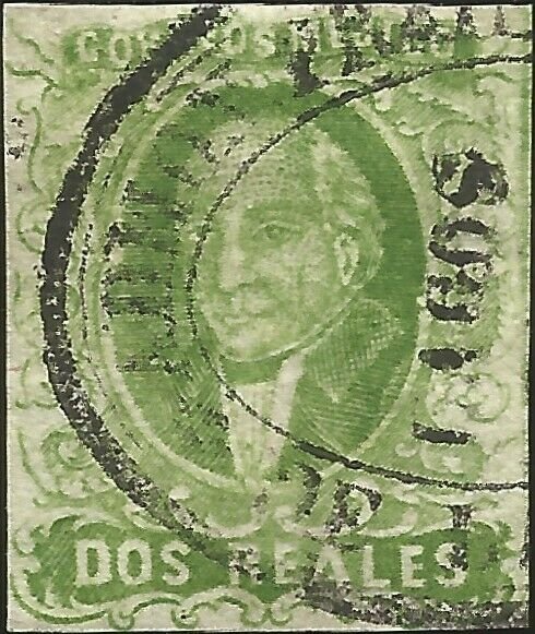 J) 1856 MEXICO, HIDALGO, 2 REALES, GREEN, LAGOS DISTRICT, OVAL CANCELLATION, MN 