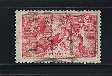 GREAT BRITAIN SCOTT #180-  5 SHILLING- 1919 RETOUCHED SEAHORSES- USED