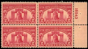 US Sc 627 MH/MNH BLOCK of 4 w/PLATE # - 1926 2c - Liberty Bell - See Desc.