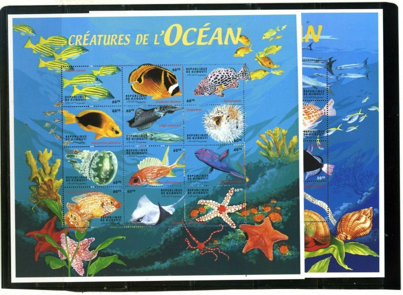 DJIBOUTI 2000 FISH & MARINE LIFE 2 SHEETS OF 12 STAMPS MNH  