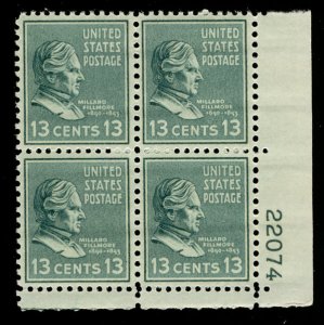 US #818 PLATE BLOCK, XF-SUPERB mint never hinged, 13 c Fillmore,  fresh color...