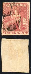 Barbados SG11 6d Pale Rose-red Fine four margins Cat 110 pounds