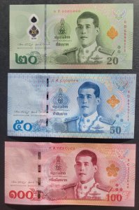 Thailand Banknotes, 20, 50 & 100 baht, New & uncirculated