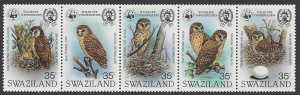 Swaziland #405 mint strip of 5, WWF owls, issued 1982