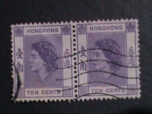 ​HONG KONG-1954 SC#186- 68 YEARS OLD-QUEEN ELIZABETH II USED PAIR-FANCY CANCEL
