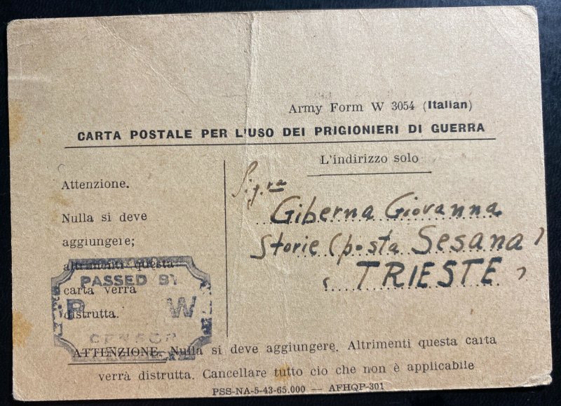 1943 USA Italian Prisoner Of War POW Camp Postcard Cover to Fiume Italy Giberna