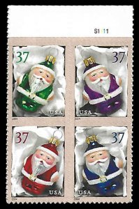 PCBstamps   USS #3883/3886a Block $1.48(4x37c)Santa Ornaments, MNH, (7)