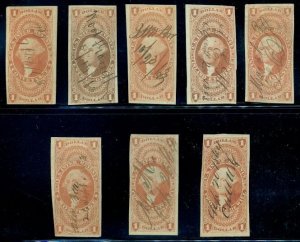 US #R66-70a, 73a, 75-6a Group of $1.00 Revenues, Imperforate, used, Scott $461.