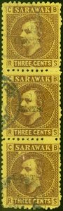 Sarawak 1899 2c on 3c Brown-Yellow SG32a 'Stop after Three' Good Used Strip of 3