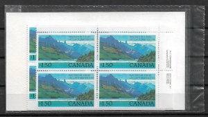 1982 Canada Sc935 $1.50 Waterton Lakes PB4 match set of all 4 corners MNH