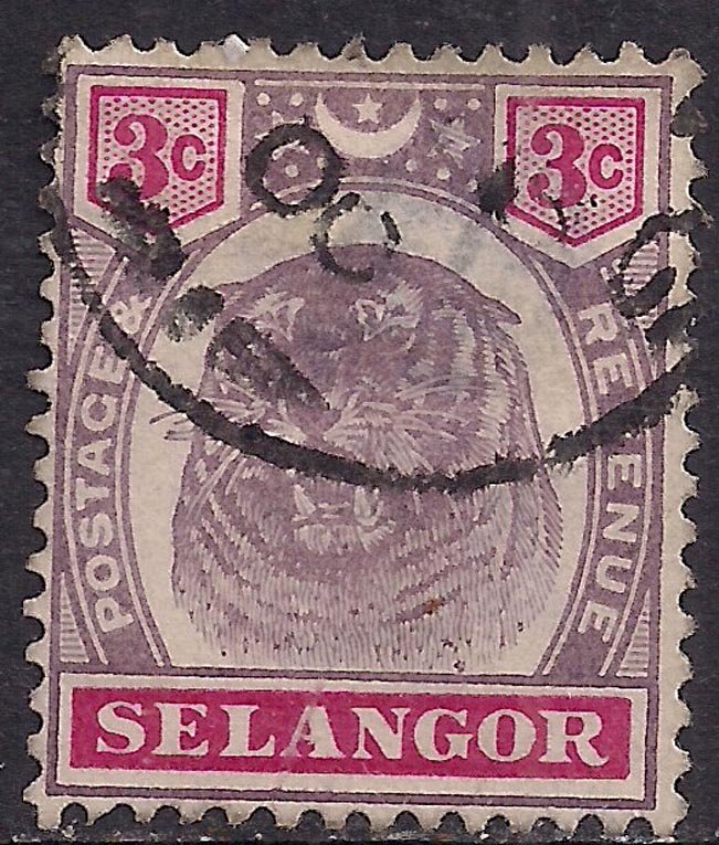 Selangor Malaya 1895 - 99 QV 3ct Dull Purple & Carmine used SG 54 ( D805 )