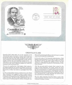 1985 Grenville Clark, World Peace advocate Sc 1867 FDC info page PCS ArtCraft
