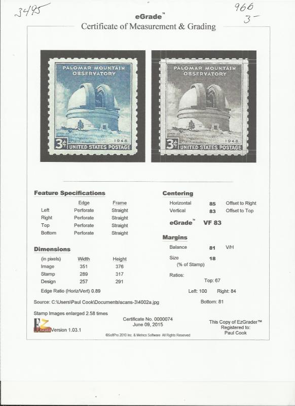 # 966 MINT NEVER HINGED PALOMAR MOUNTAIN OBSERVATORY VF+