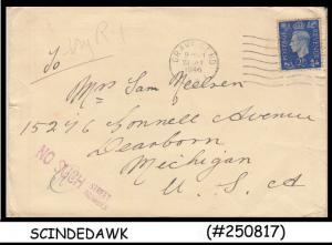 GREAT BRITAIN - 1940 ENVELOPE TO U.S.A. with KGVI STAMP