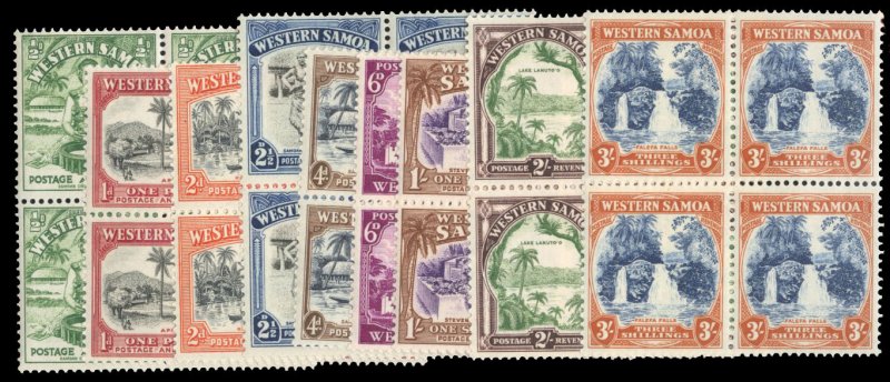 Samoa #166-174 Cat$84, 1935 1/2p-3sh, complete set in blocks of four, never h...