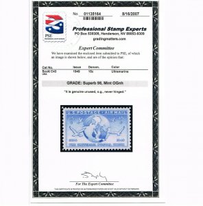 EXCEPTIONAL GENUINE SCOTT #C43 MINT PRISTINE OG NH PSE CERT GRADED XF-SUPERB