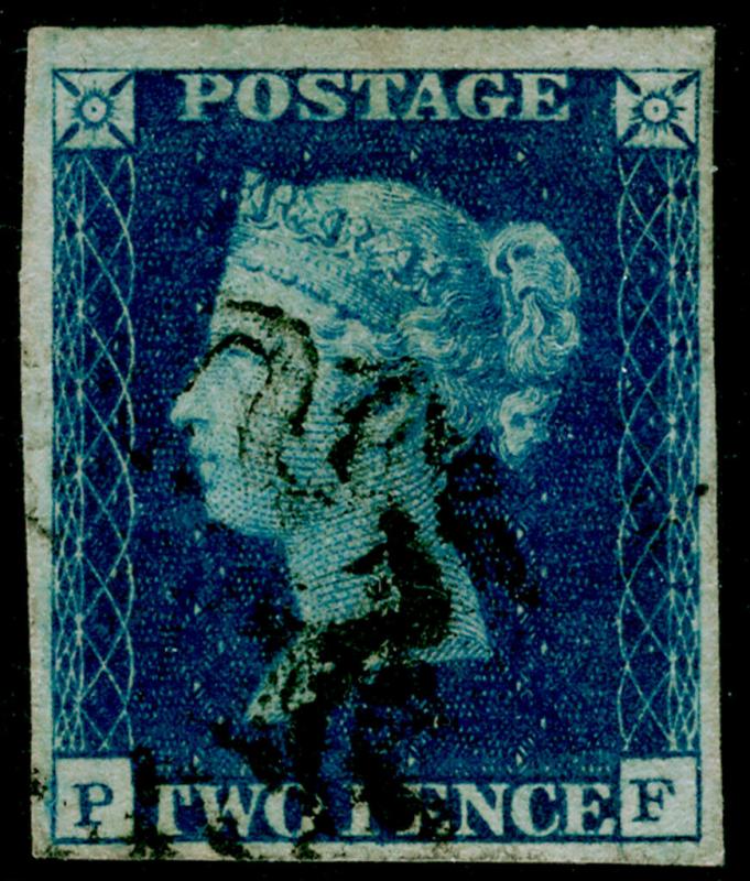 SG5, 2d blue PLATE 2, FINE USED. Cat £1100. BLACK MX. 4 MARGINS. PF