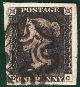 GB PENNY BLACK QV 1840 Stamp SG.2 1d Plate 1b (LC) Used MX Huge! {samwells}SBR57