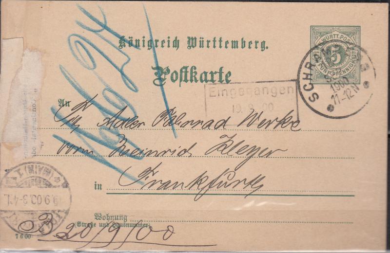 Wurtemberg - 18.9.1900 5pf postcard to Frankfurt (1458)