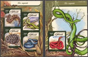 Djibouti 2016 Reptiles Snakes sheet + S/S MNH