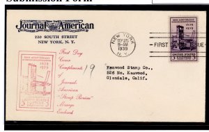 US 857 1939 3c 300th anniv of printing in North America on an addressed (typed) FDC with a handstamp cachet and a newspaper corn