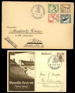 1936 Germany Olympics  Postal Card & Cover ~ Olympic Fancy Cancellations