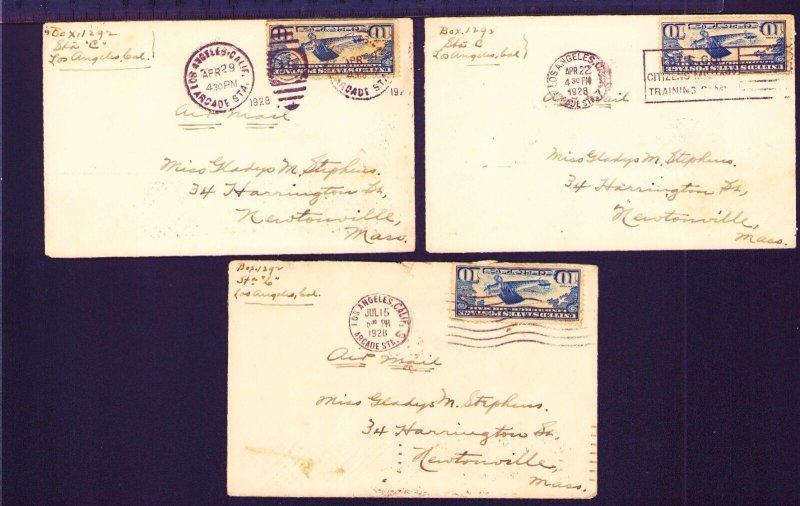 U.S. Three  #C10 LINDBERGH Air Mail Covers Commercial Use 1928 Calif-Mass