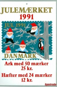 Denmark. Christmas Seal. 1991.1 Post Office,Display,Advertising Sign.Santa,Birds