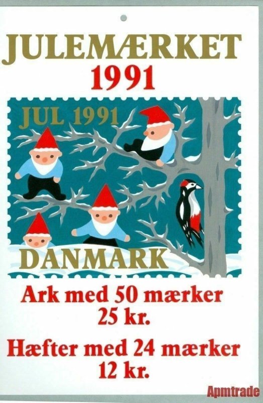 Denmark. Christmas Seal. 1991.1 Post Office,Display,Advertising Sign.Santa,Birds