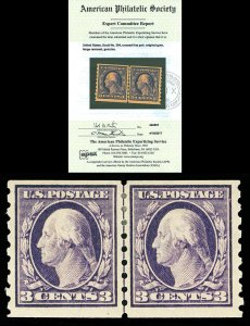 Scott 394 1910 3c Washington Coil Mint Line Pair VF OG HR Cat $425 with APS CERT