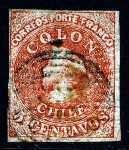 CHILE 1866-1867 5c. COLON Last SANTIAGO Printing Chile #13 Scott #14 SG 36 Wmk 1