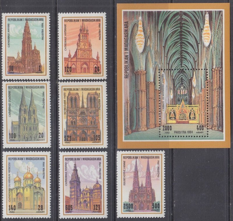 MALAGASY REPUBLIC Sc # 1208-1 CPL MNH SET of 7 + S/S CATHEDRALS of the WORLD