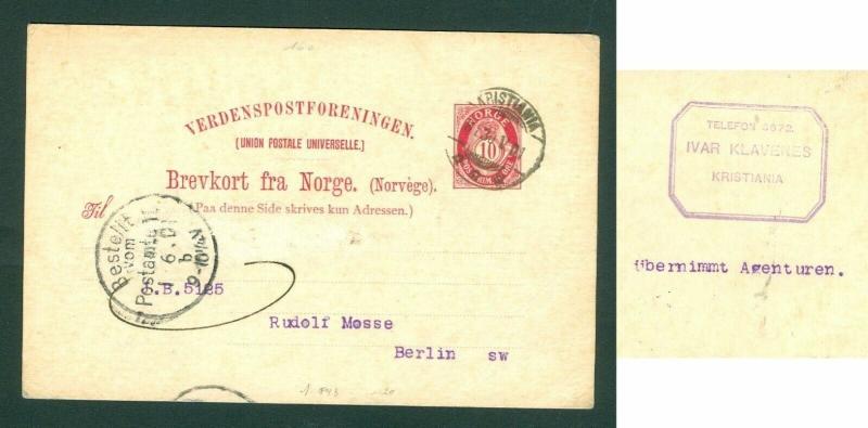 Norway. Stationery 1901. 10 Ore  Posthorn. Cancel: Kristiana. Adr: Germany.